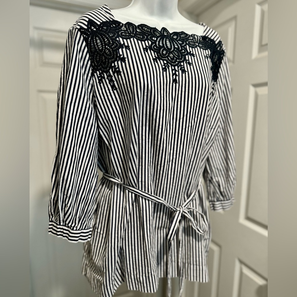 The Limited Embroidered Striped Blouse with Accent Tie